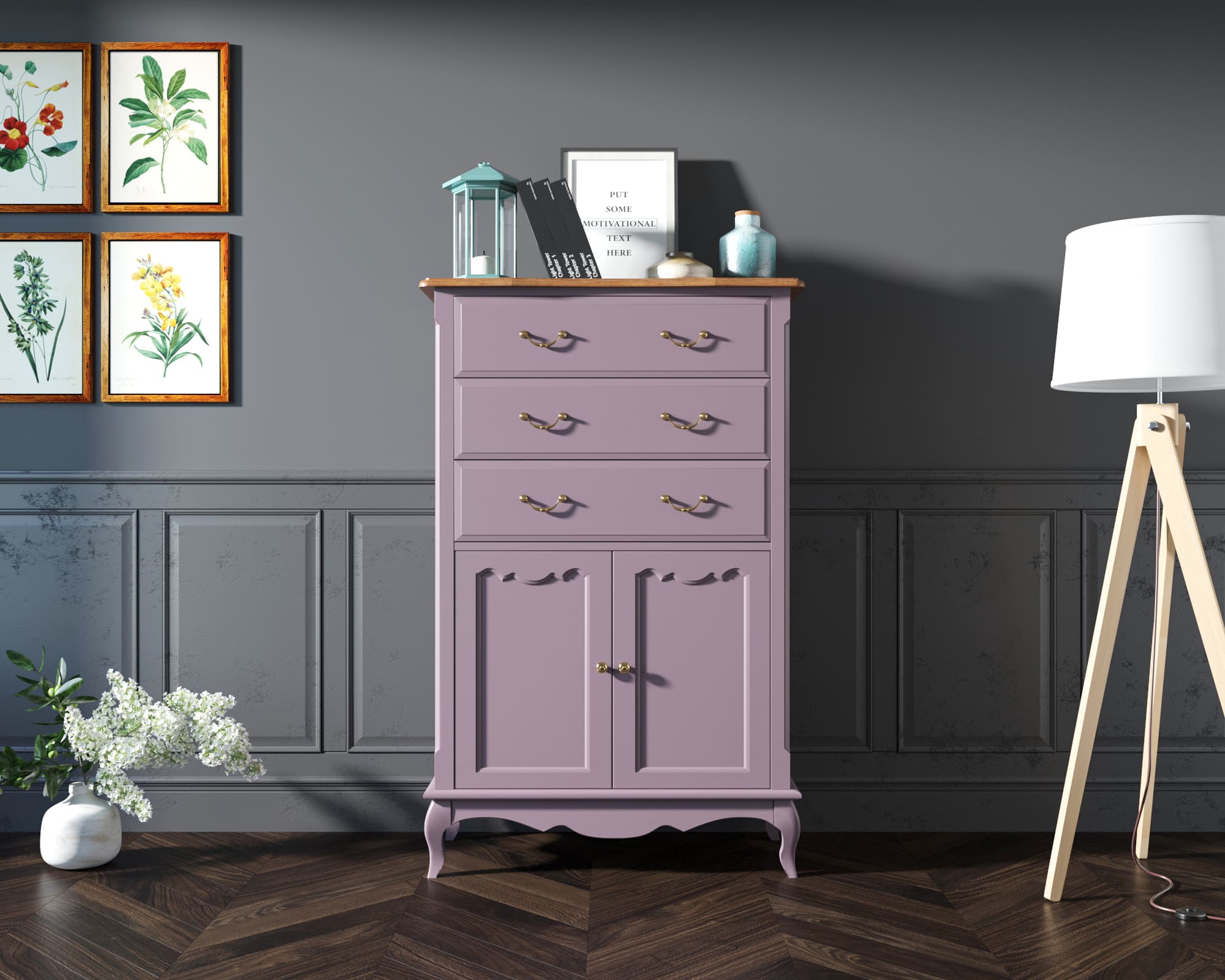 Комод деревянный Leontina Lavanda три ящика две дверки арт ST9354L