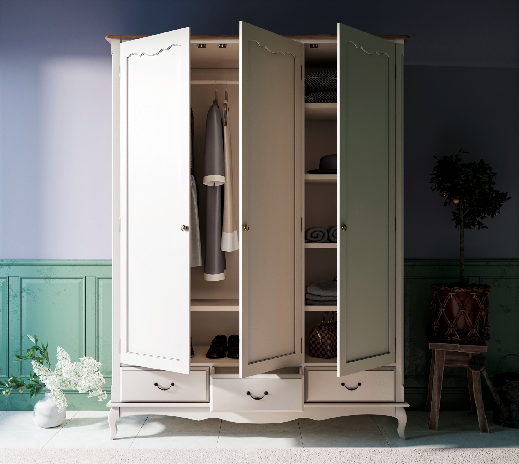 Шкаф Leontina для одежды белый трехстворчатый с ящиками