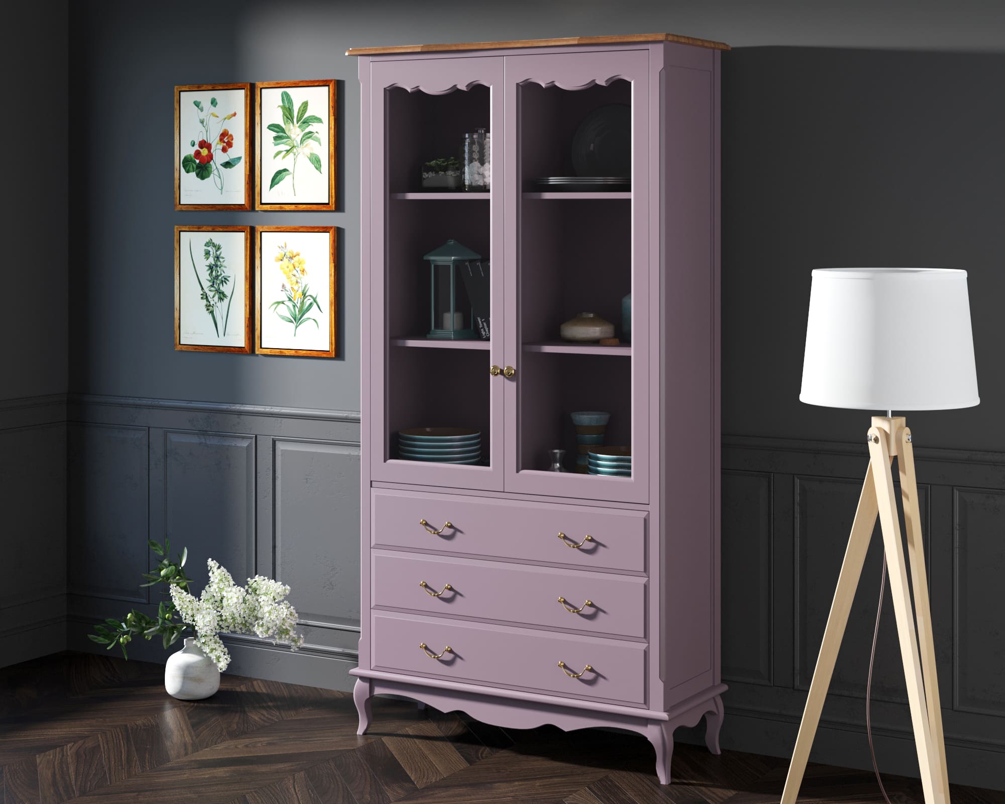 Шкаф "Leontina Lavanda" для посуды высокий 3 ящика арт ST9355/3L