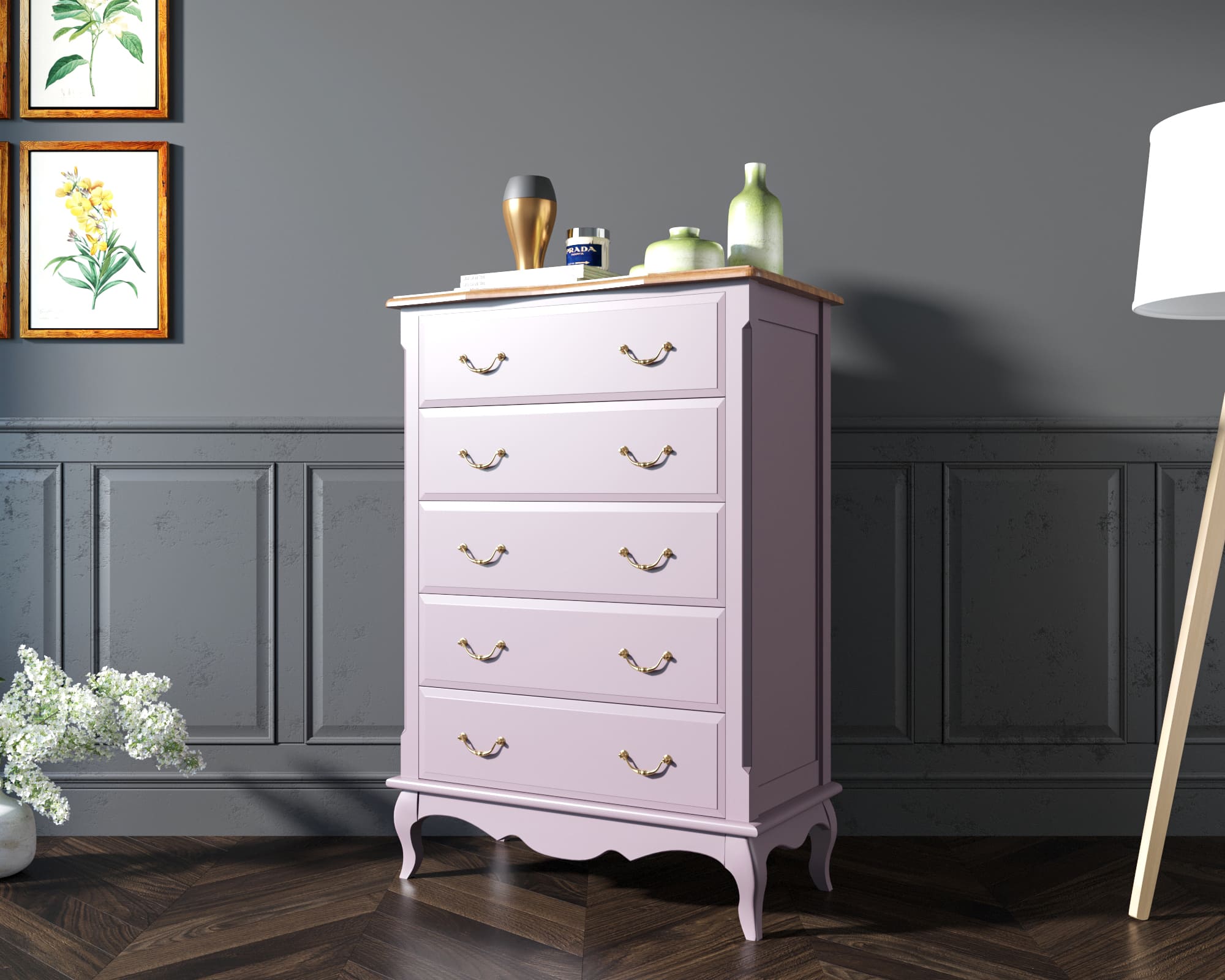 Комод из дерева Leontina Lavanda на пять ящиков вертикальный арт ST9342L