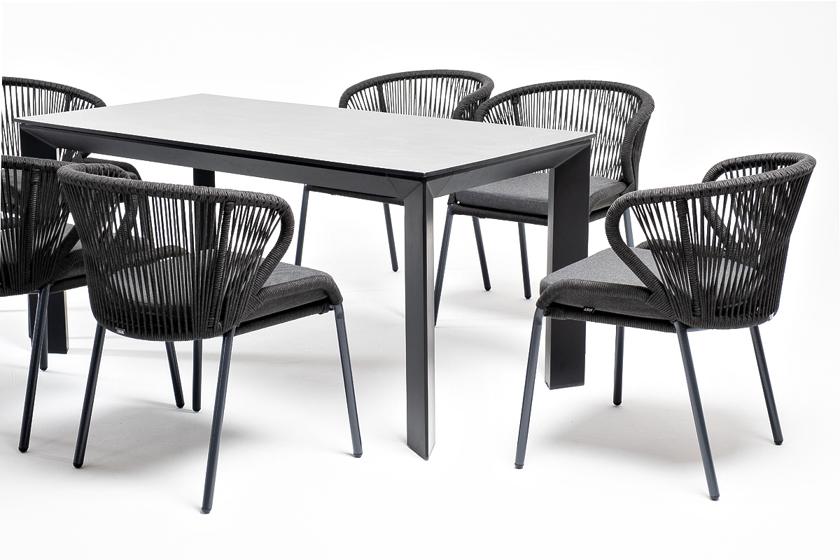 "Венецио" обеденная группа на 6 персон со стульями "Миленто", каркас темно-серый, роуп темно-серый