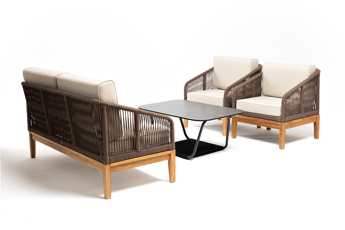 "Каннизо" лаунж-зона 4-местная из роупа со столом "Горнида" (серый гранит), основание дуб, роуп коричневый, ткань бежевая